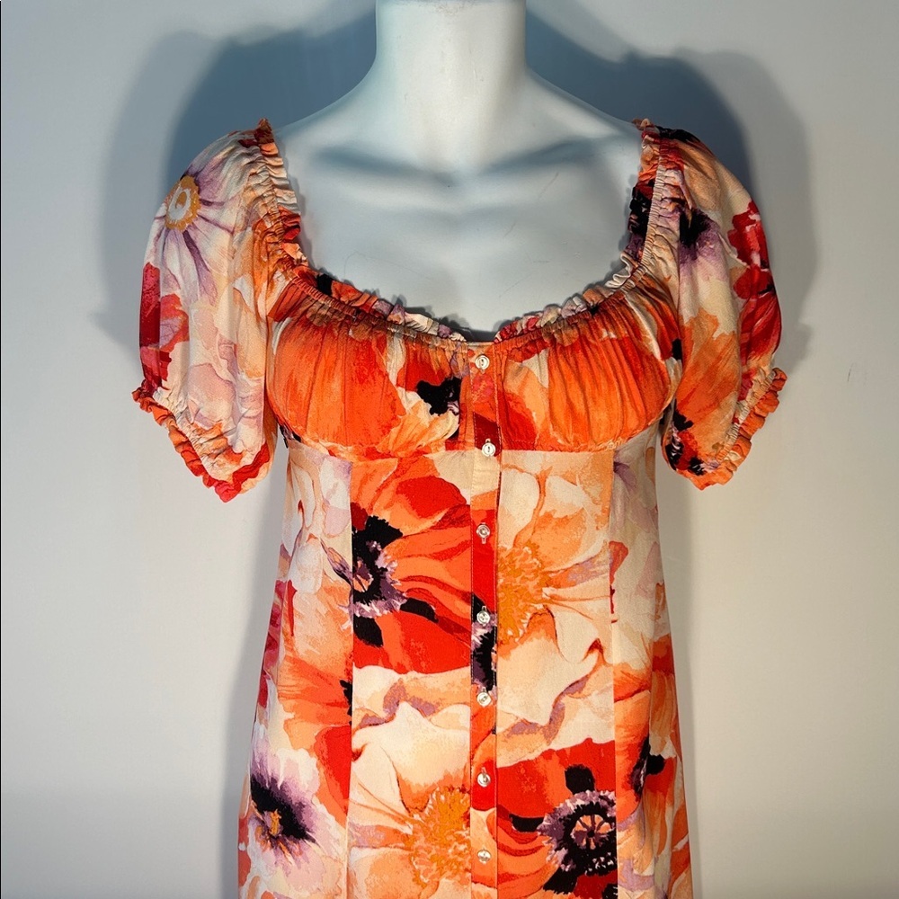 H&M SZ M Abstract Coral Floral Midi Dress Milkmaid Romantic Cottage Art to Wear - Picture 4 of 10